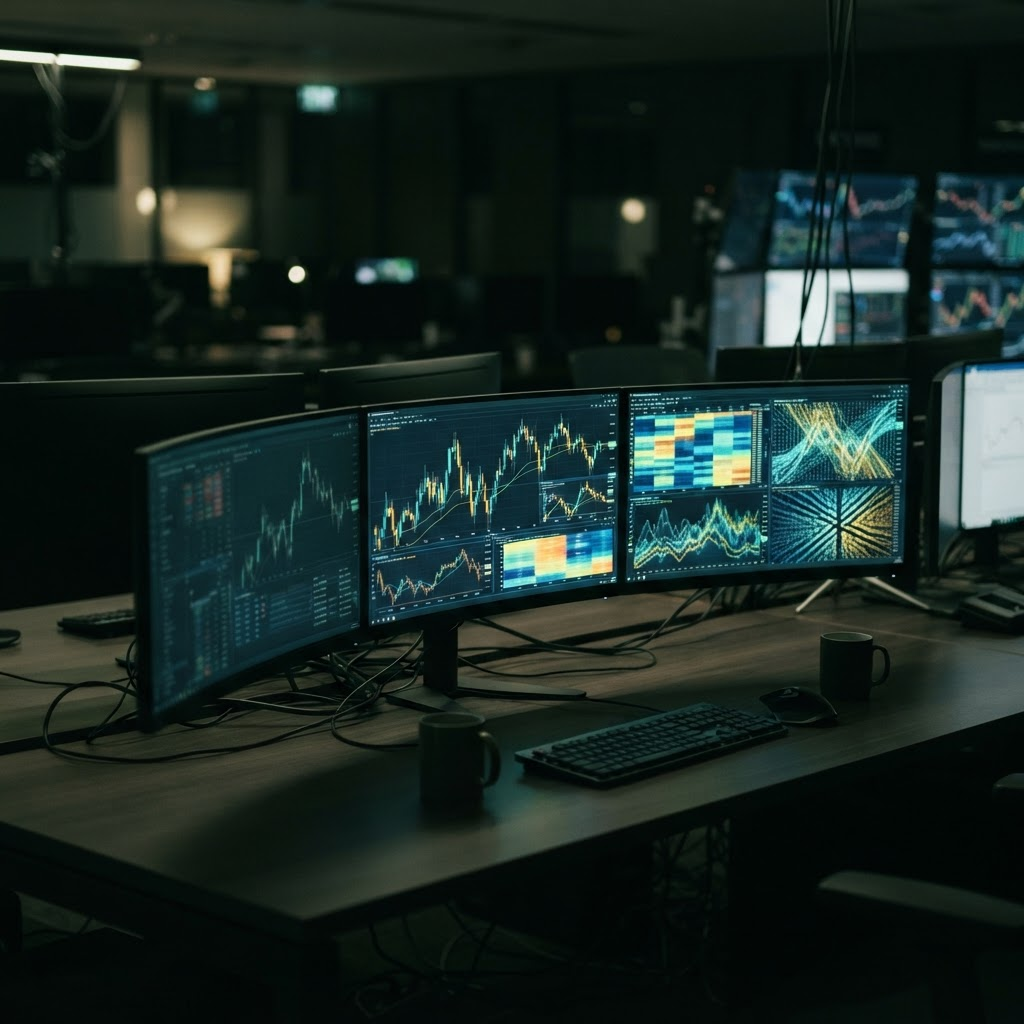 Financial data visualisations glowing on dark screens in a trading environment
