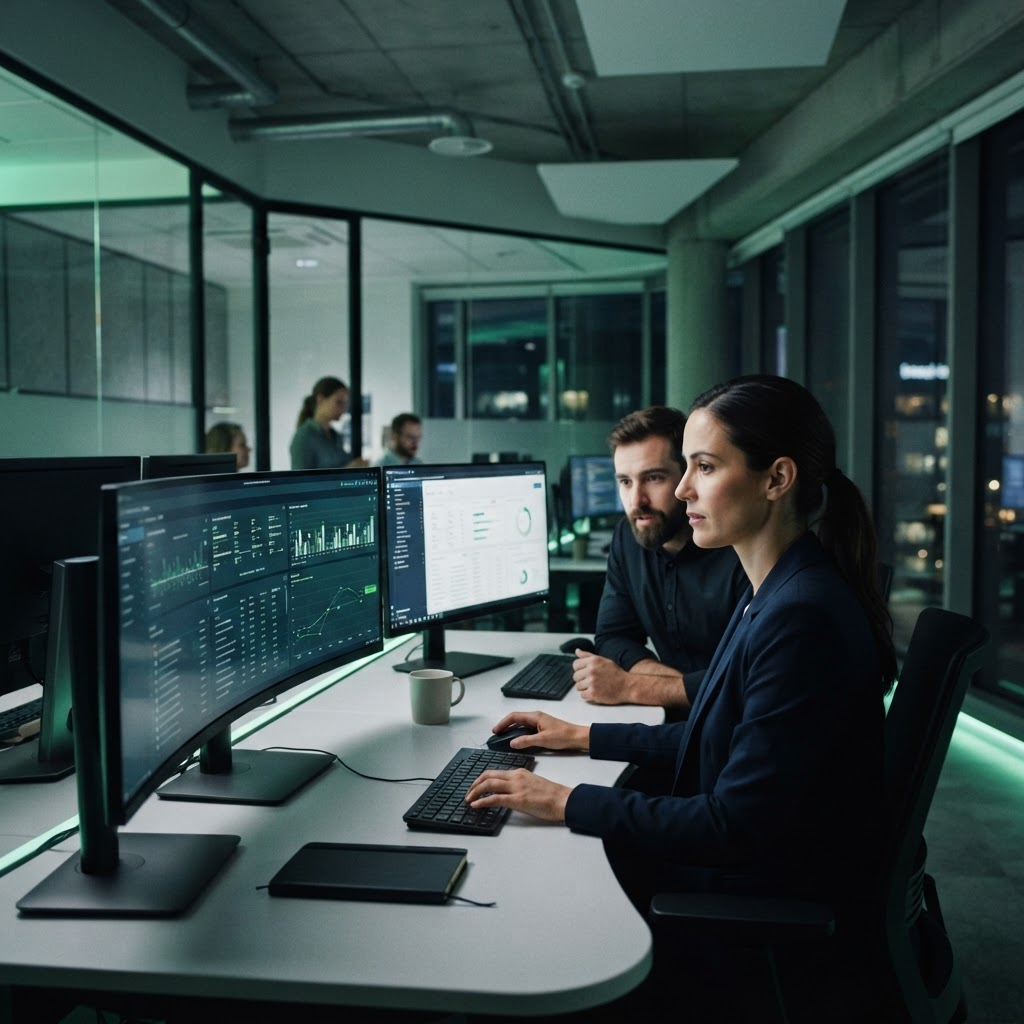 Analysts reviewing compliance dashboards on monitors in a modern office