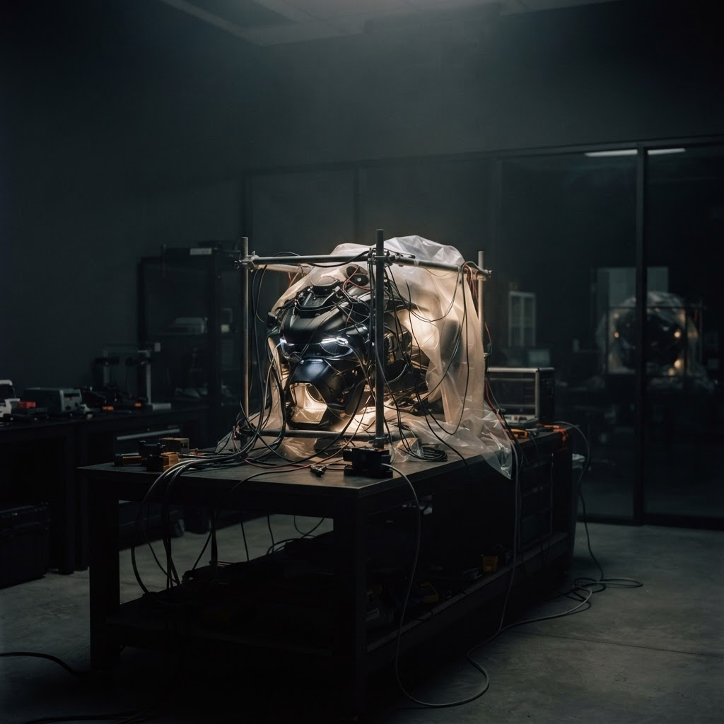 Abstract darkened space representing confidential technology in development
