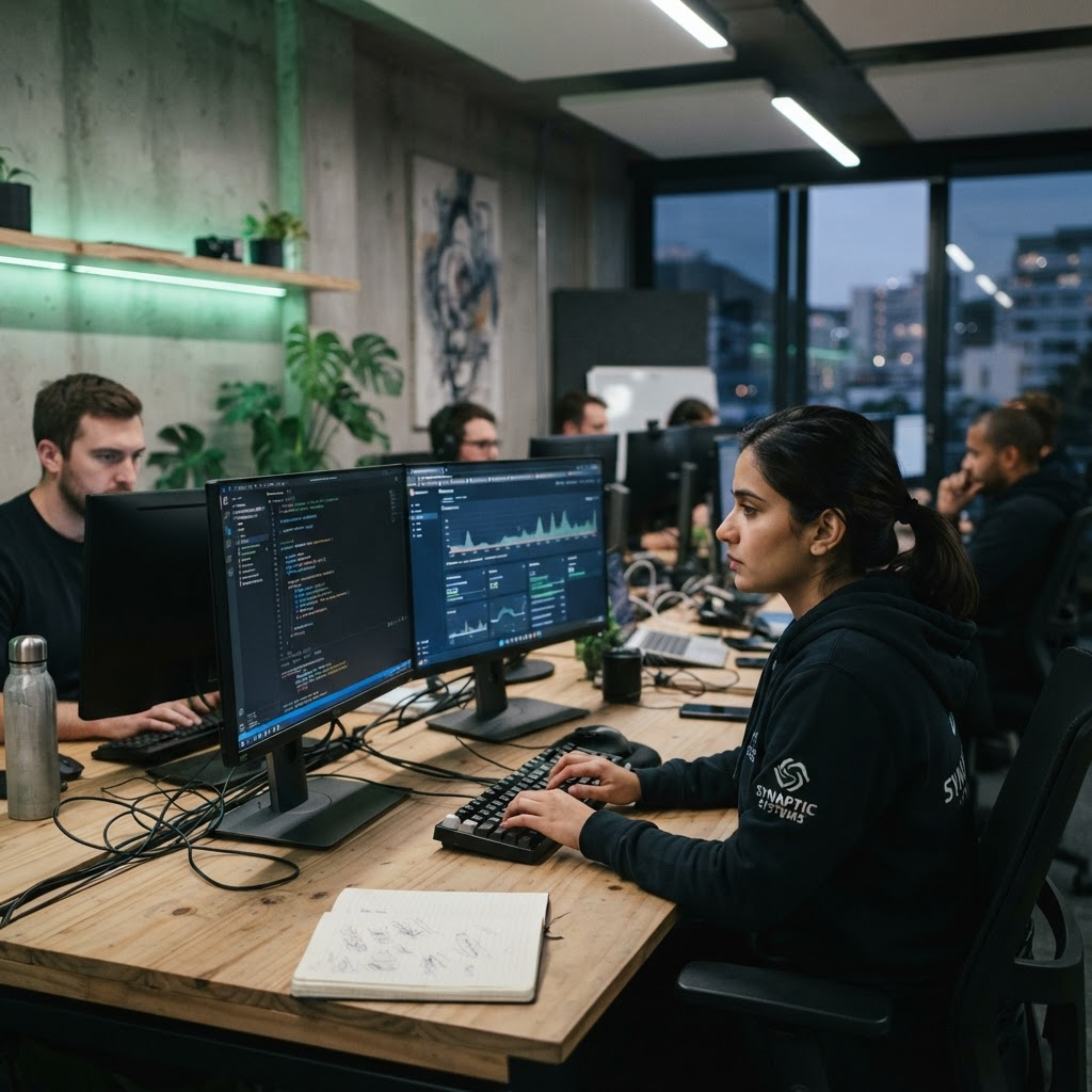 Software engineers working at monitors in a modern technology office