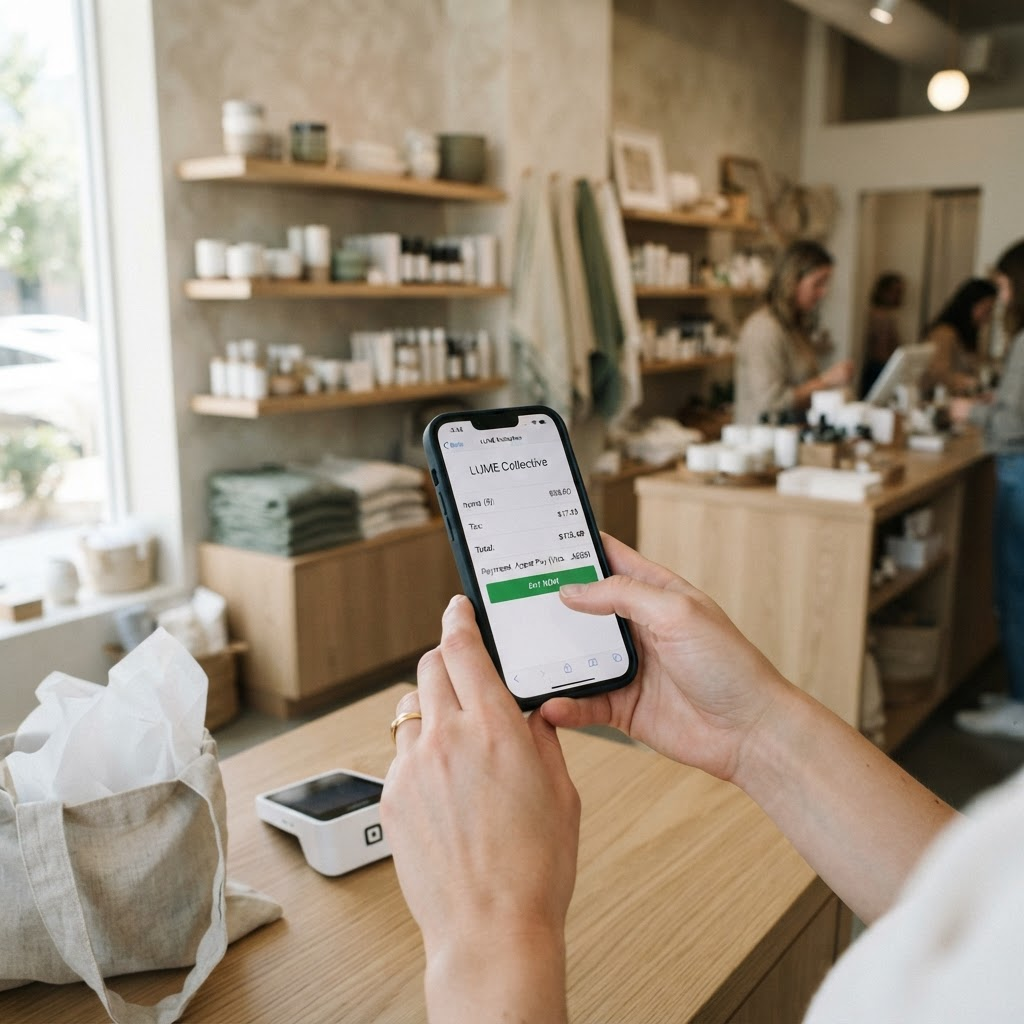 A person completing a checkout on a phone in a retail setting